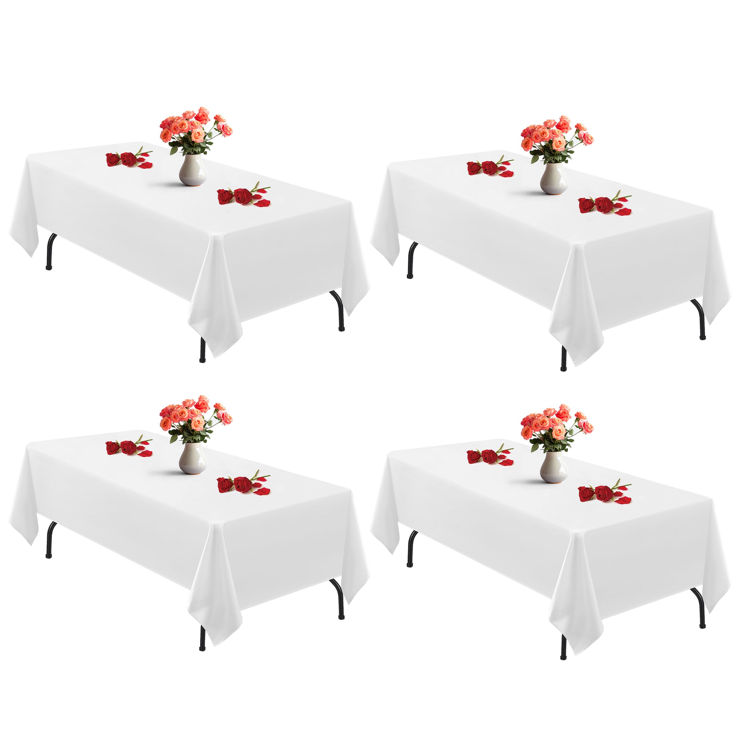 Photo 1 of joybest 4 Pack White Polyester Tablecloth 90 x 132 Inch for 6 Foot Rectangle Tables, Stain and Wrinkle Resistant Washable Fabric Table Cloth for Wedding, Party, Reception, Banquet, Dining Table