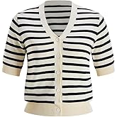 winkbay Women's Striped Button Up Cardigan Elegant V Neck Short Sleeve Dressy Casual Sweater Tops