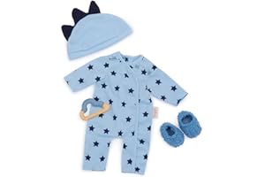 LullaBaby – 14" Baby Doll Clothing Set – Pajama Onesie Outfit – Hat With Soft 3D Spikes, Teether, Fuzzy Slippers – Imaginative Play – Toys For Kids Ages 2 & Up – Baby Doll Bedtime Outfit