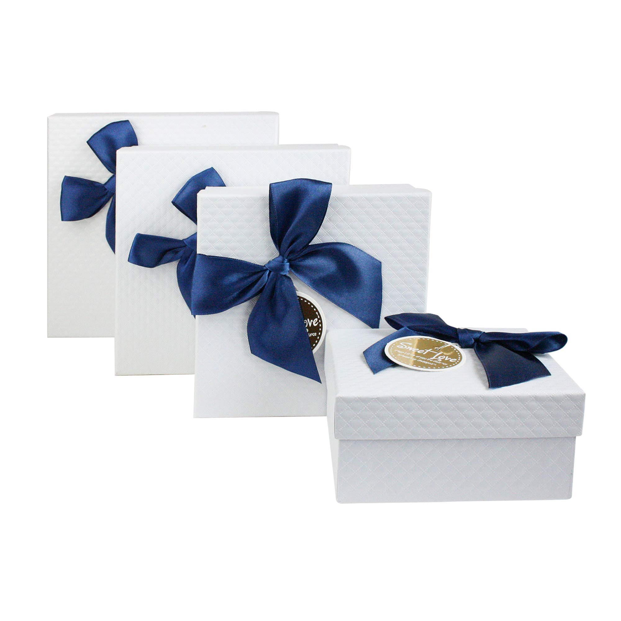 Emartbuy Set of 4 Rigid Luxury Square Presentation Gift Box, White Box with White Lid, Blue Bow and Pink Interior
