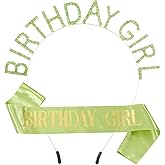 MGJSRNH Birthday Girl Sash and Crown Tiara for Women,Green Satin Glod Glitter Sash Decorations Supplies,Rhinestone Party Headbands,16,18,21,30,40,50 or Any Other Birthday Party