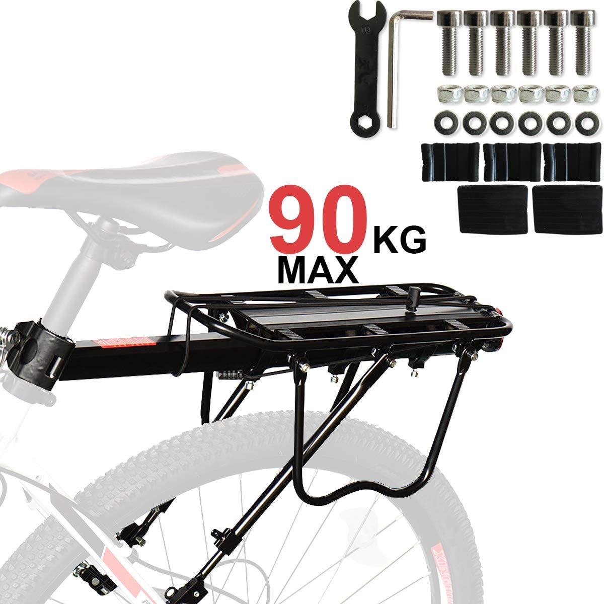 Strong Aluminium Alloy Material 90Kg Capacity Bicycle Rear Rack, Bike Luggage Cargo Rack, Bicycle Carrier Racks, Anti-Corrosion And High Hardness Fit Almost Bikes, Road Bike, Mountain Bike, Etc.