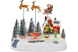 Animated Christmas Village with Santa Sleigh and Reindeer, LED Lighted House Village with Moving Figurines, Musical Indoor Ch