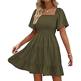 BTFBM Womens Summer Smocked Mini Dress Spring Square Neck Flutter Sleeve Casual Ruffle Swing Boho Beach Dresses Pockets