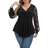 Gocolloa Plus Size Tops for Women Lace Long Sleeve Fall Shirts Casual Dressy Wrap V Neck Pleated Tunic Top