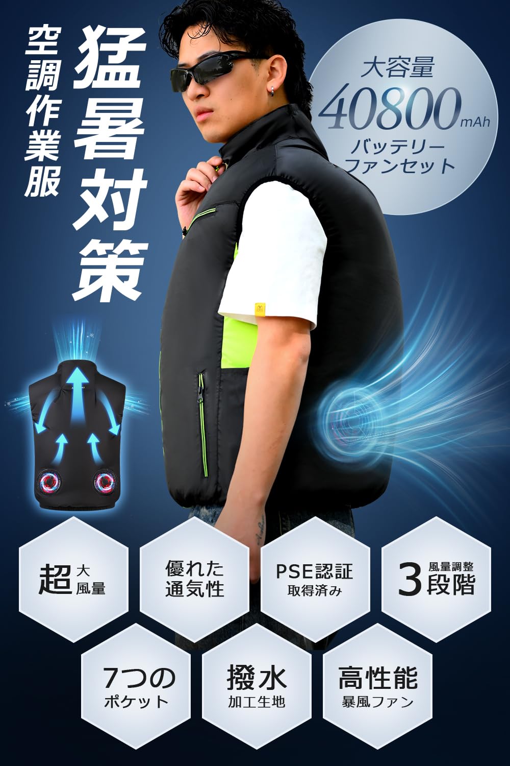 Noraui 2025 Storm Fan & 40,800 mAh Large Capacity Battery, Air Conditioned Work Clothes, Battery Fan Set, Vest with Fan, Work Vest, Air Conditioning Wear, Cooling Fan, 3 Levels of Air Flow Adjustment