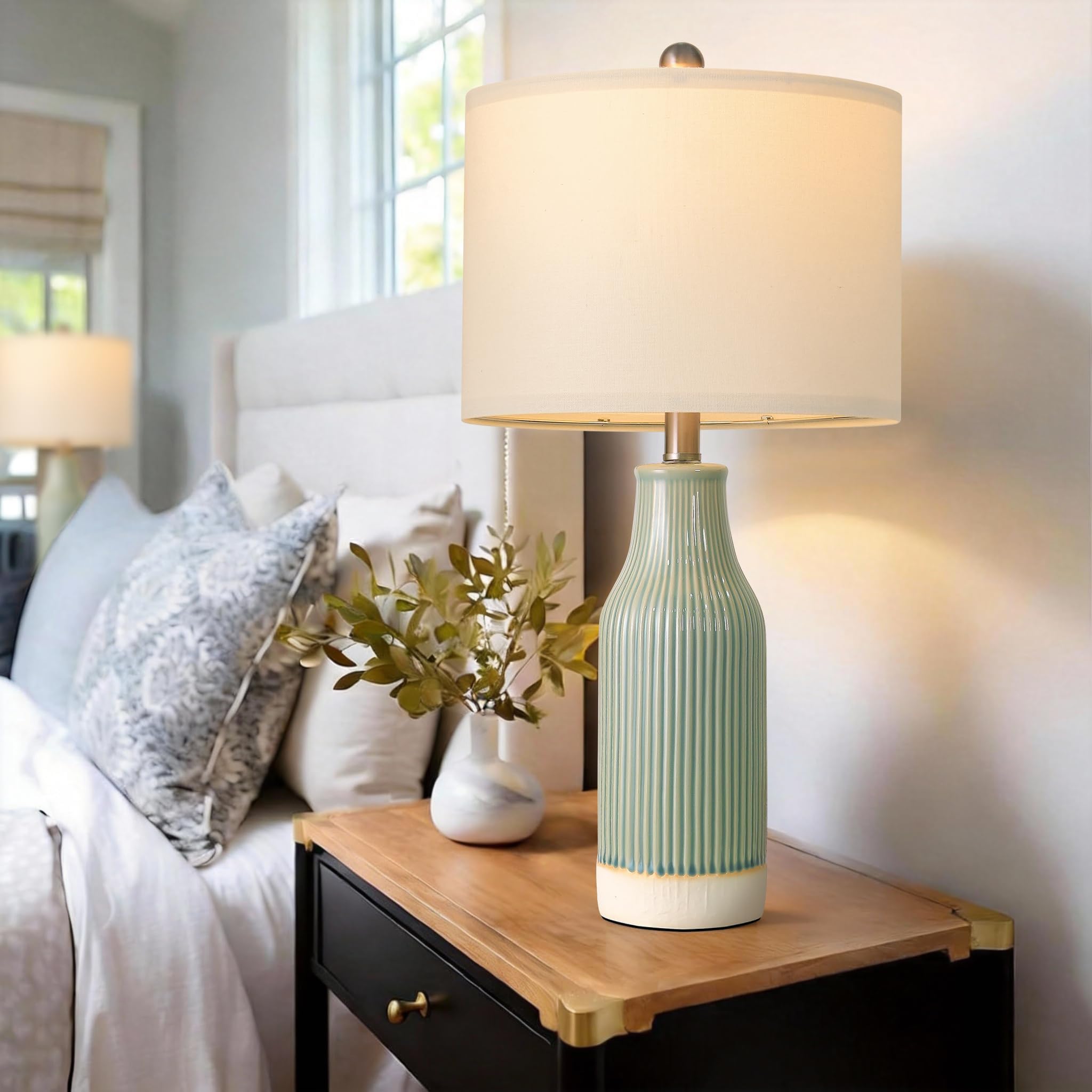 Photo 1 of USumkky 23.75" Modern Green Ceramic Table Lamp Set of 2 for Living Room, Farmhouse Bedside Nightstand Lamp for Bedroom Home Office Dorm