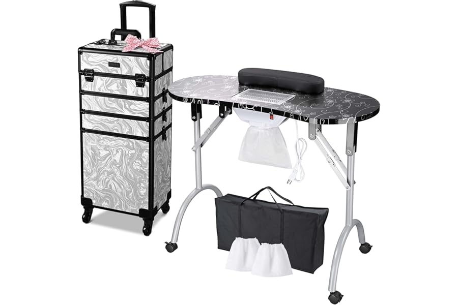 BYOOTIQUE Portable Manicure Table for Nail Tech Station Cosmetology Case on Wheels Rolling Makeup 4in1 Travel Trolley Organizer,CB Graystone