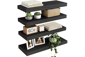 Fixwal Floating Shelves for Wall, Wall Mounted Rustic Wood Shelves for Bathroom, Living Room, Bedroom and Kitchen, Wall Shelves for Storage,Books,Room Decor (Black, Set of 4, 15.8 Inch)