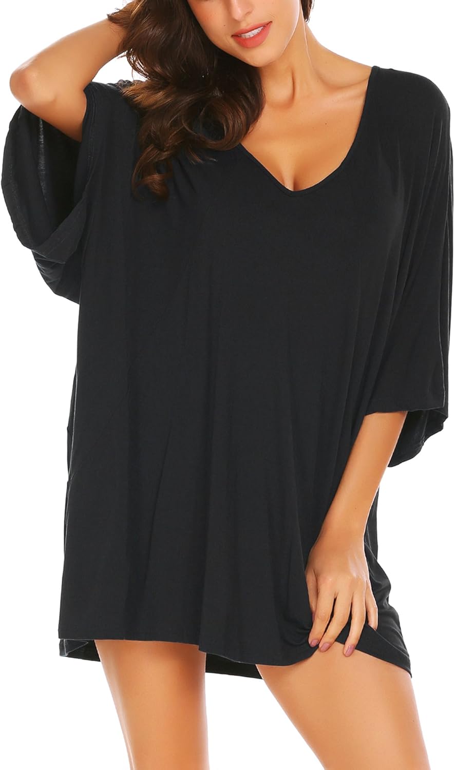 Ekouaer Womens Sleepshirt Sexy Nightshirt Batwing Sleepwear V Neck Loungewear Short Sleeve Nightwear Plus Size at  Women’s Clothing store