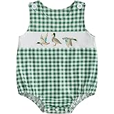 DSOKUHIB Newborn Baby Boy Summer Clothes Mallard Duck Embroidery Bubble Romper Plaid Sleeveless Bodysuit Hunting Outfit