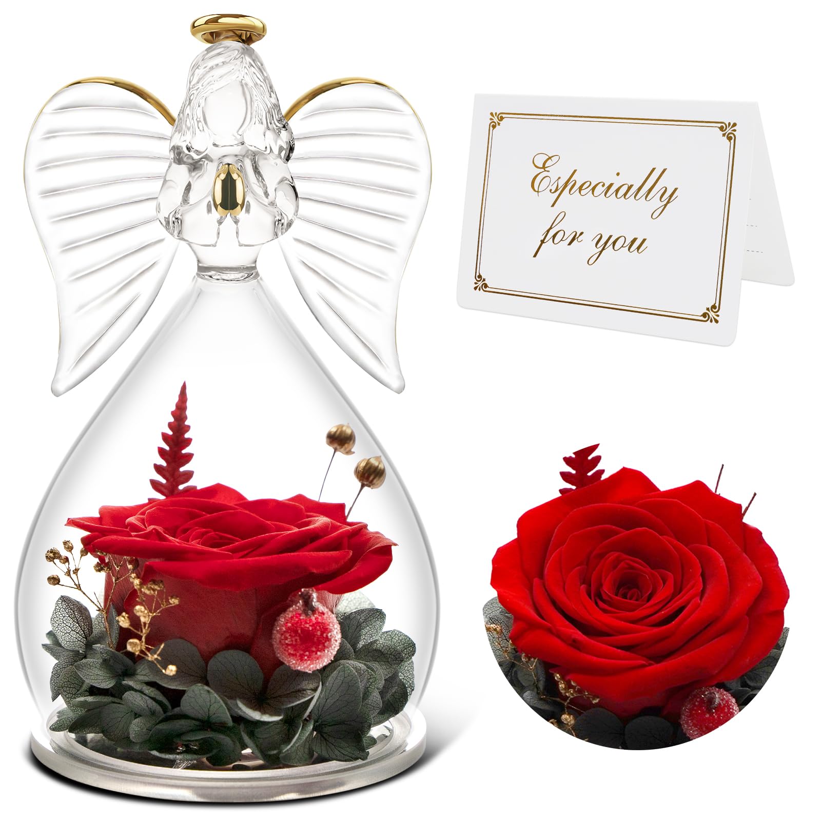 Mothers Day Angel Figurines with Rose Gifts, Eternal Rose in Glass, Birthday Gifts for Mum Grandma, Preserved Rose Angel Gifts for Women on Birthday Valentines Day Mothers Day Thanksgiving Day