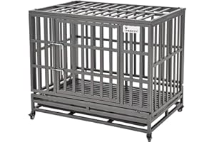 SMONTER 38" Heavy Duty Dog Crate Strong Metal Pet Kennel Playpen with Two Prevent Escape Lock, Large Dogs Cage with Wheels, Dark Silver