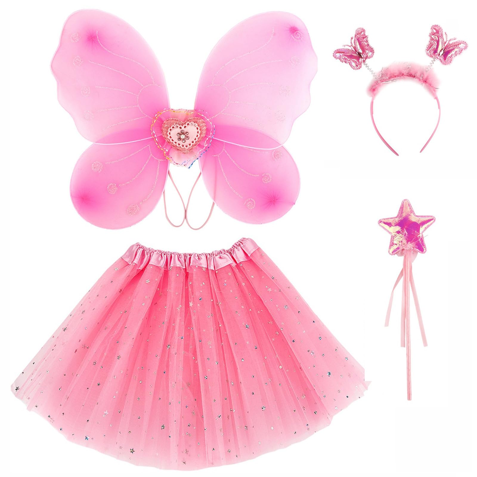 ZJstyle Girls Fairy Costume Set Princess Tutu Skirt Fairy Magic Wings Dress Up Fantasy Costume Play with Wings, Magic Wand and Headband Set for 3-8 Years(Pink)