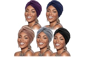 DRESHOW 5 Pack Knotted Headwraps for Women African Turban Pre-Knotted Beanie Headwraps Hair Covers