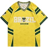 WDIRARA Men's Brazil Soccer Jersey Shirts Oversized Letter Graphic Tees V Neck Short Sleeve Tops