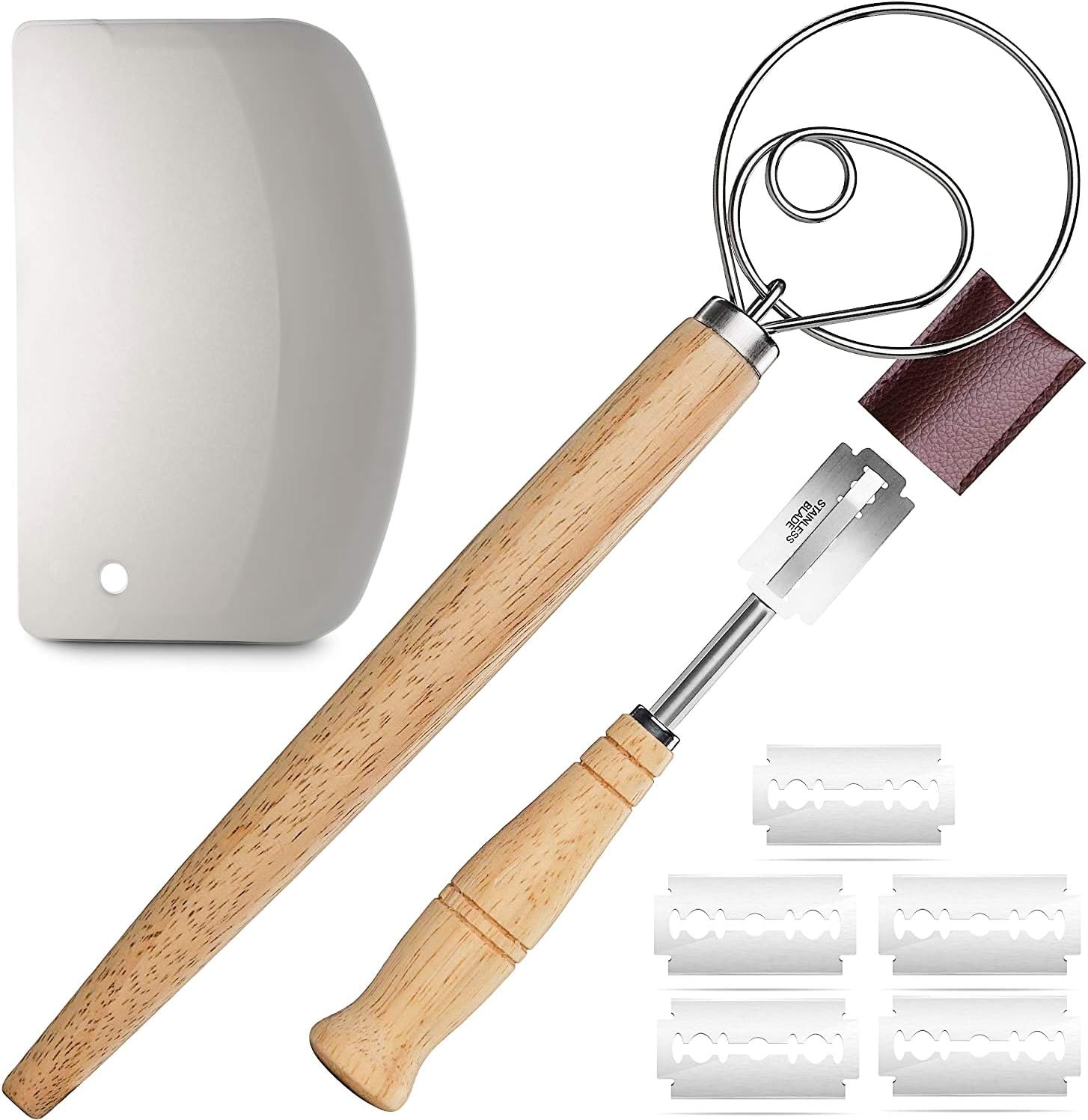 Premium 3 Piece Bread Making Tool Set | Dutch Whisk, Bread Lame, Scraper - Stainless Steel Danish Dough Whisk, Scoring Knife Bread Lame & Plastic Dough Scraper, Pastry Pizza Dough Mixer Hand Blender