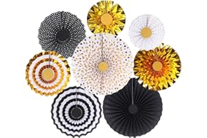 Bestage 8 Pcs Decoration Hanging Party Black Gold Paper Fans Set for Birthday Wedding Graduation Events Accessories
