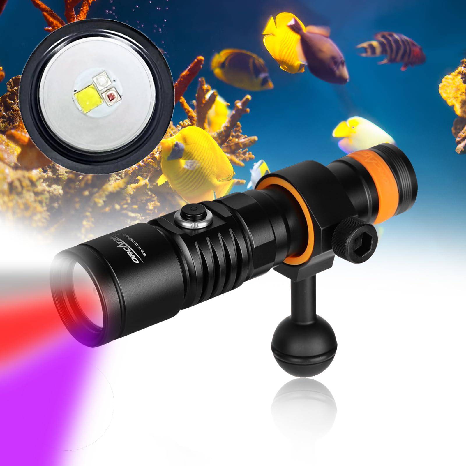 ORCATORCH D710V MK2 2300 Lumens Upgraded Underwater Video Light, White Red Violet Tri-Color, 120-Degree Wide Beam Scuba Flashlight for Dive Photography Fill Light and Fluorescent Night Diving