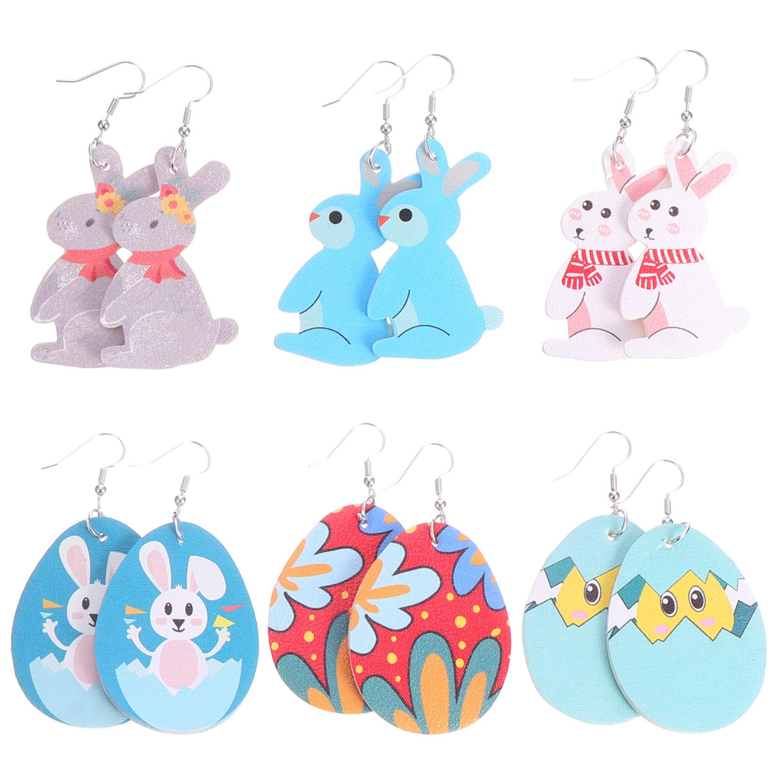 Amosfun 6 Pairs Easter Faux Leather Earrings Lightweight Teardrop Easter Egg Bunny Dangle Earrings for Women Girls Party Favor Festival Dressup Jewelry