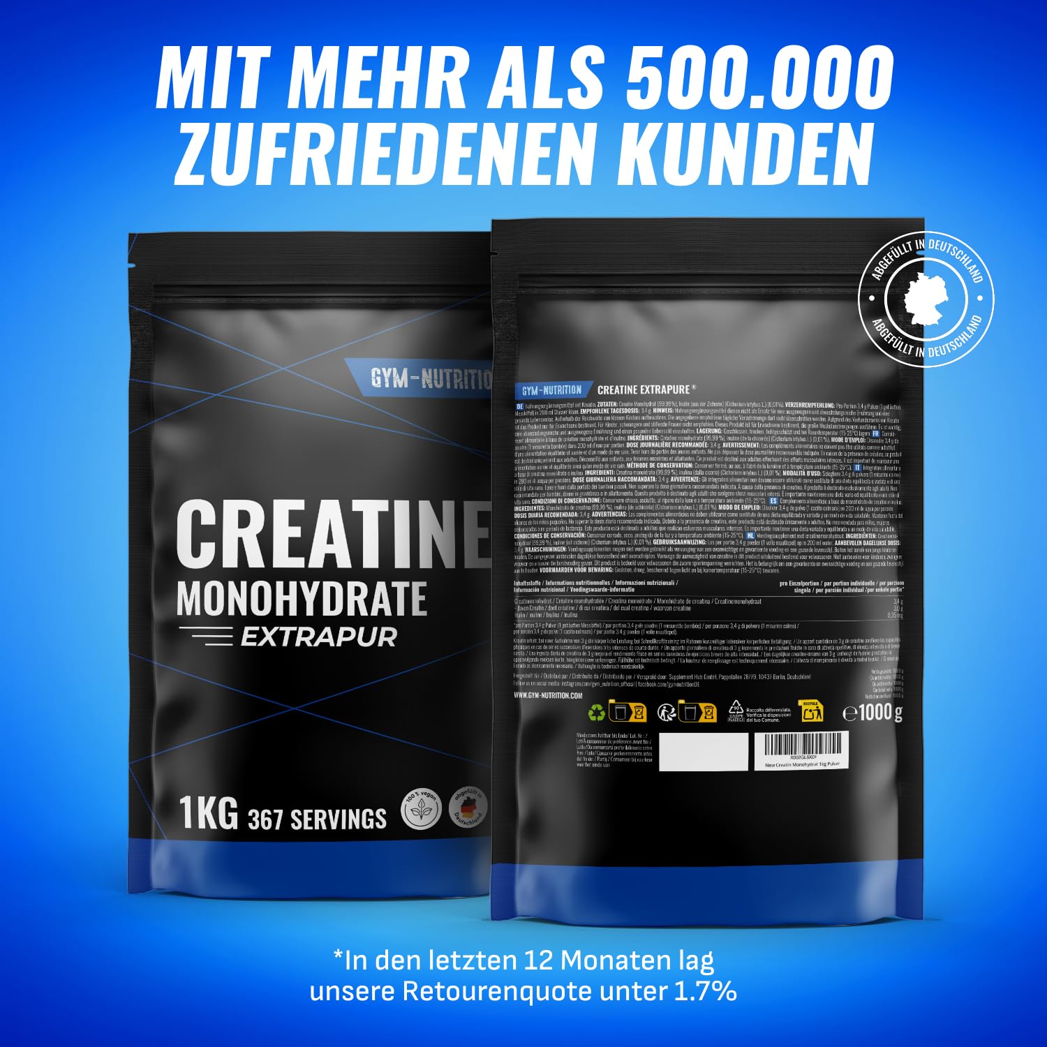 Creatin Monohydrat Pulver 1kg / 1000g - Ultra Reines Kreatin Monohydrat mit Inulin - Hochdosiert - Extrapure Creatine Monohydrat - Creatin Pulver Monohydrate - Vegan Jahresvorrat 4
