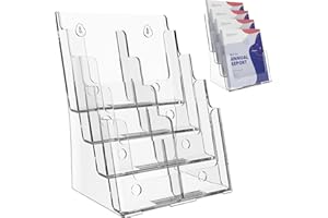 HLF-ho Brochure Holder 8.5x11 Inch 4 Tier with Removable Divider for 4x9 inch Clear Acrylic Pamphlet Display Stand Holder Countertop Use or Wall Mount for Office, Lobby, Hotel, Trade Show, 1 Pack
