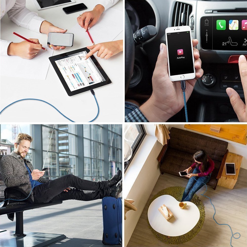 Long Phone Charger Cable, Nylon Braided 3-PACK 10ft Extra Long USB Data Cord Sync and Charging Lead for Phone X XS Max XR/8/8 Plus 7/7 Plus 6/6s Plus 5/5s/5c, Pad Mini/Air/Pro Pod Touch (Blue)