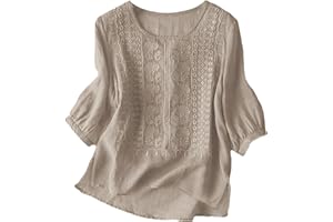 Embroidered Cotton Linen Tops for Women 3/4 Sleeve Summer Boho Peasant Blouses Casual Beach Vacation Bohemian Tunic Shirts
