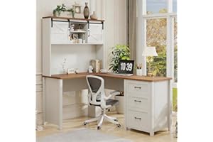 Farmhouse 68" H L Shaped Desk with Hutch,Office Table with 3 Drawers and Sliding Doors, Executive Desk with File Drawers and 