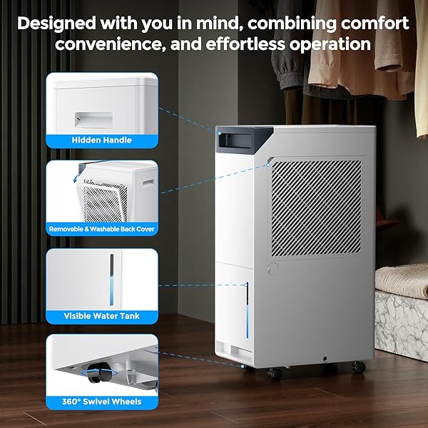 4500 SQ.FT. MOST EFFICIENT ENERGY STAR, MAX 80 PINT/D (STANDARD 52PINT/D) SMART COMPRESSOR DEHUMIDIFIER WITH APP/WIFI, INTELLIGENT HUMIDISTAT FOR BASEMENT, HOME, BEDROOM, BATHROOM, GARAGE(WHITE)