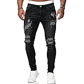 HUNGSON Men's Blue Slim Fit Jeans Stretch Destroyed Ripped Skinny Jeans Side Striped Denim Pants