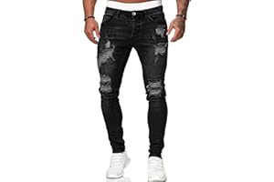 HUNGSON Men's Blue Slim Fit Jeans Stretch Destroyed Ripped Skinny Jeans Side Striped Denim Pants