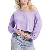Blocac Off Shoulder Crop Top for Women Workout Gym Dance Top Spring Summer Top Boat Neck Loose Casual Long Sleeve T Shirt