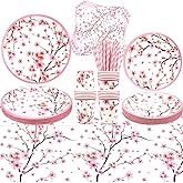 101 PCS Cherry Blossom Party Supplies Includes Plates, Napkins, Cups, Tablecloth, Straw for Japanese Party Decorations, Spring Theme, Baby Shower Birthday Party