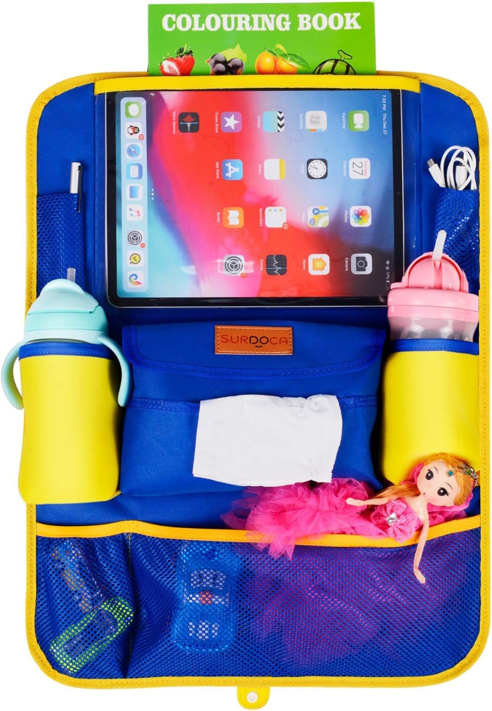 SURDOCA Car Seat Organiser for Kids Exclusive Designers Edition, Enhanced Car Organiser Back Seat for 12.9/11 inch and Smaller Size iPad, Include 2 Thermal Insulation Pockets, Kids Toy Storage