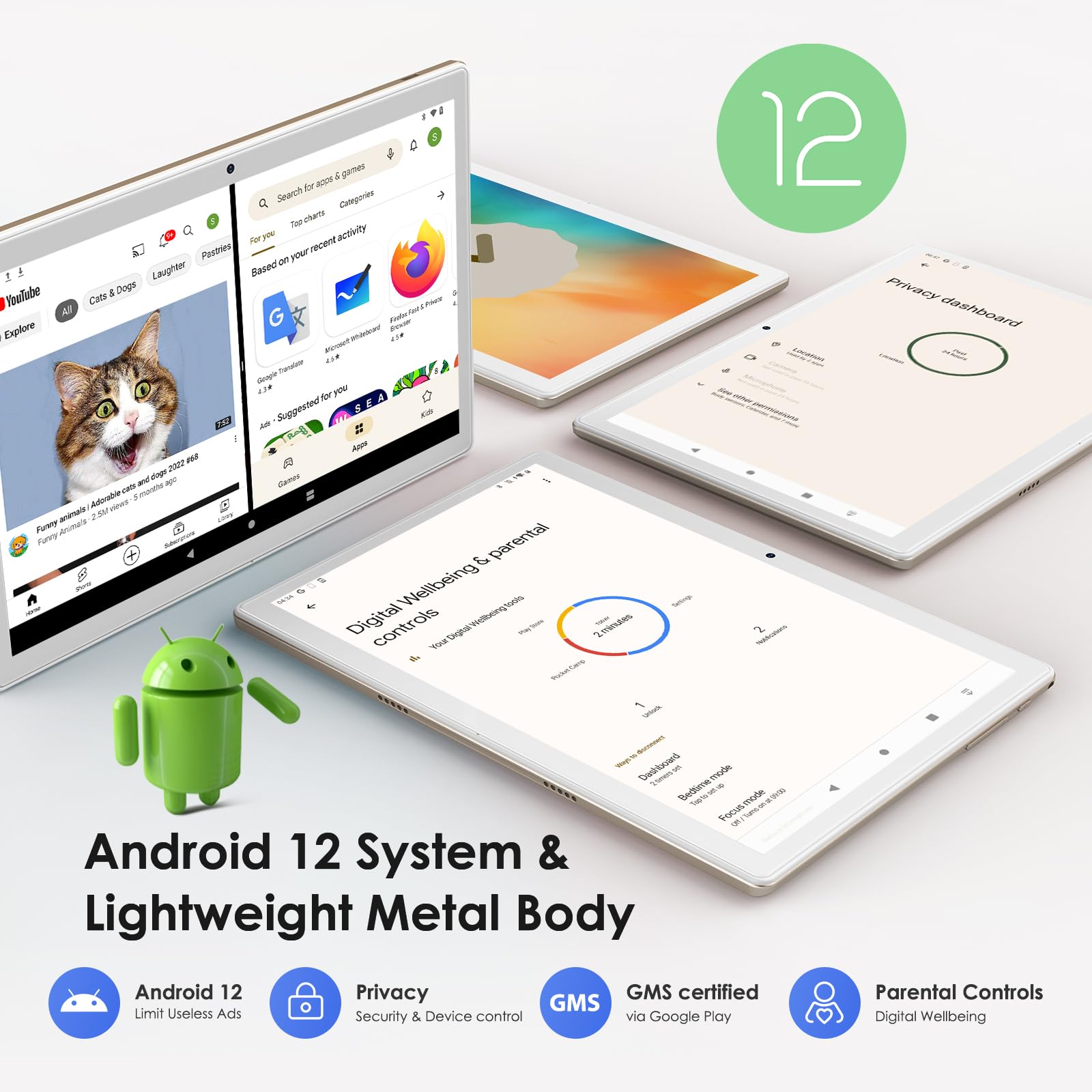 LNMBBS Android Tablet 10 Inch, 11GB RAM 64GB Storage, Android 12.0, Octa-Core Processor, With Keyboard, Large Battery, Dual Camera, Wi-Fi, Bluetooth, GPS, Mouse, Cover, Gold