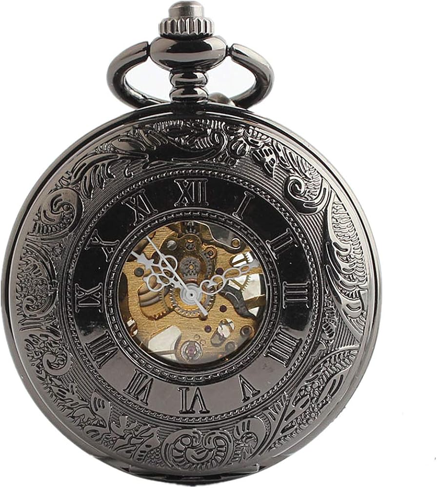 Elegant Engraved Pocket Watch Classic Mechanical Black Double Open