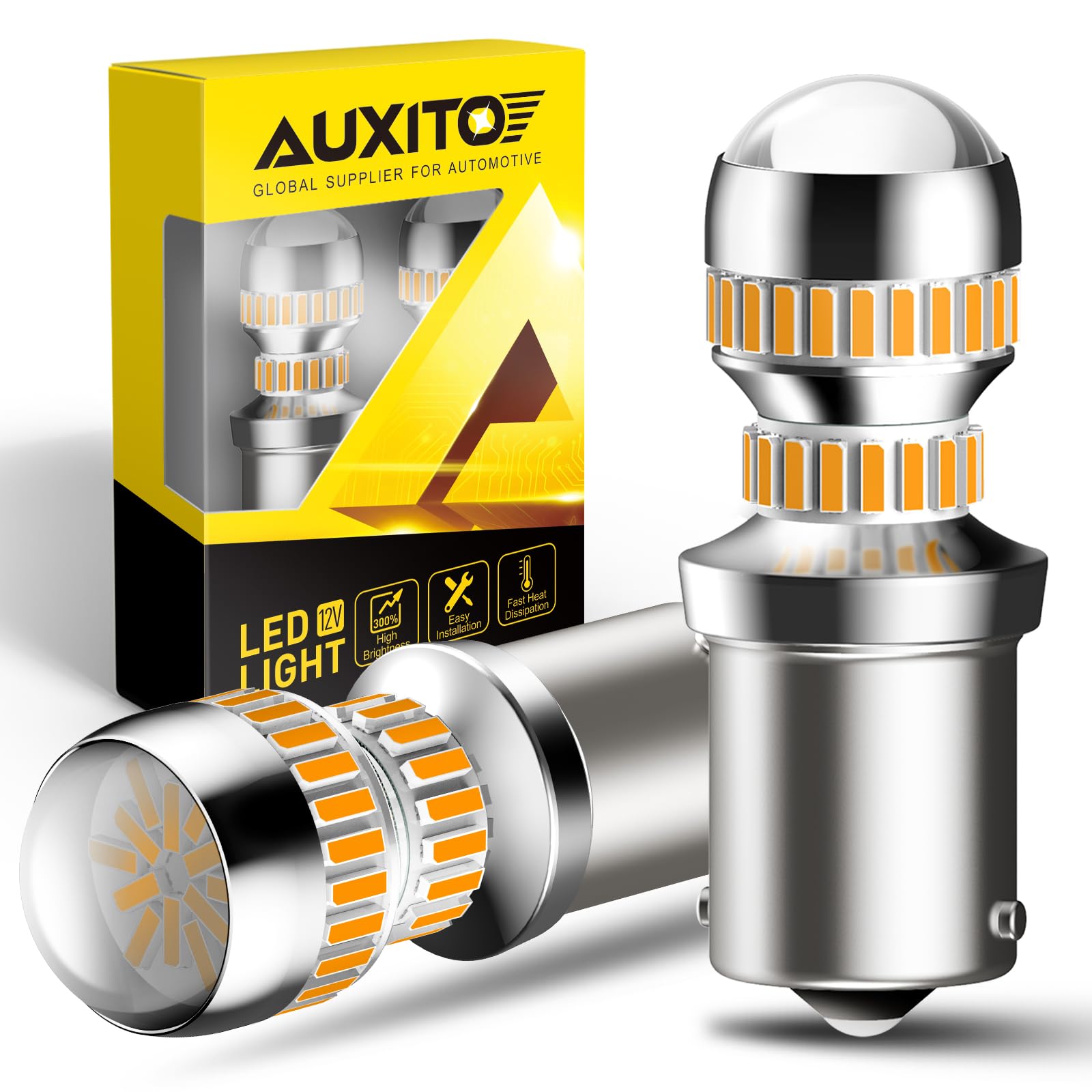 Photo 1 of AUXITO 1156 LED Bulbs Amber Yellow 400% Super Bright 7506 BA15S P21W LED Bulb with Projector for Front Rear LED Turn Signal Bulb DRL Marker Blinker Parking Lights, Pack of 2
