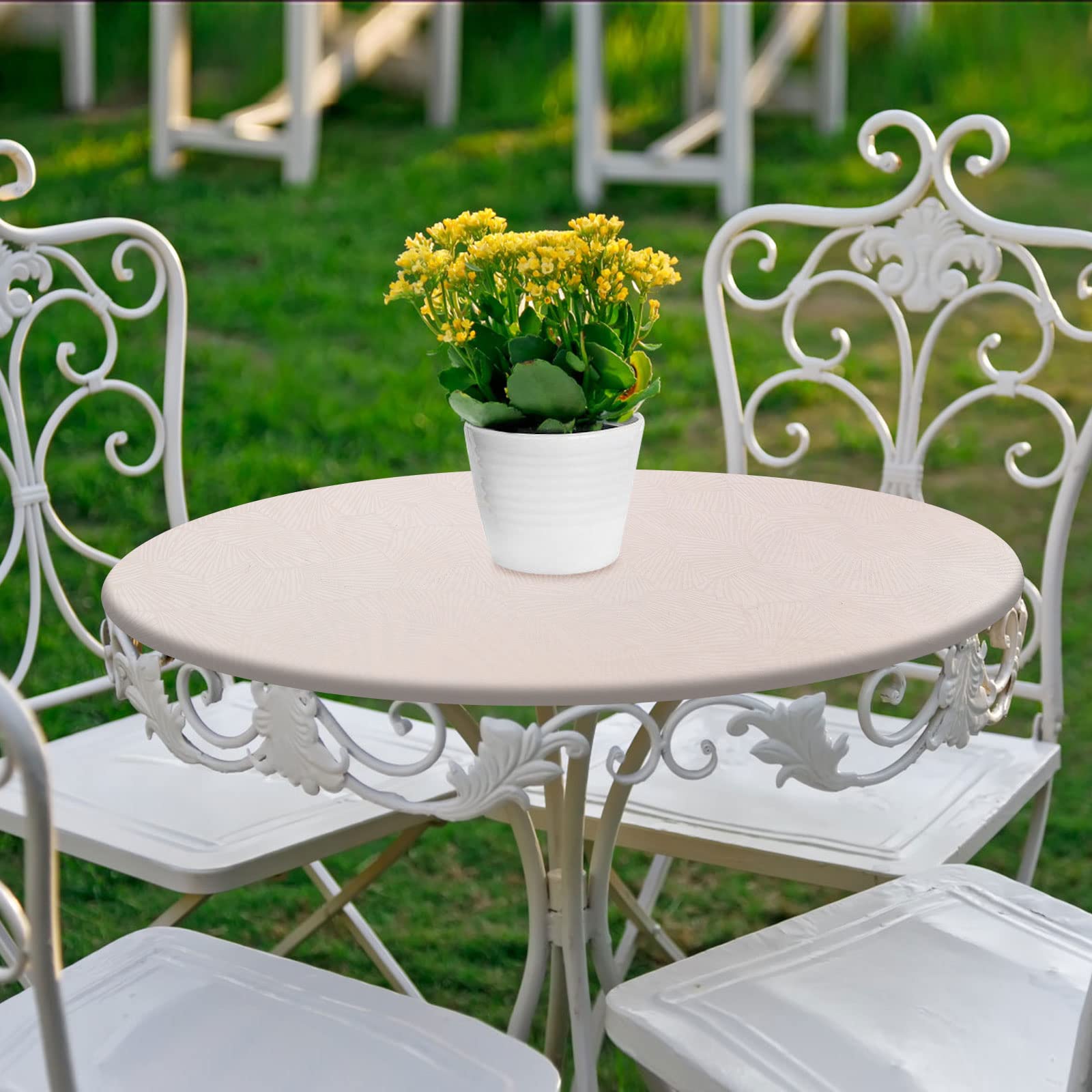 MINGPINHUIUS Elastic Edged Vinyl Round Fitted Tablecloth - Oil & Waterproof Wipeable Plastic Table Cover Indoor Outdoor Patio Round Fitted Vinyl Tablecloth, Plant Pattern (Beige, 90cm in diameter)
