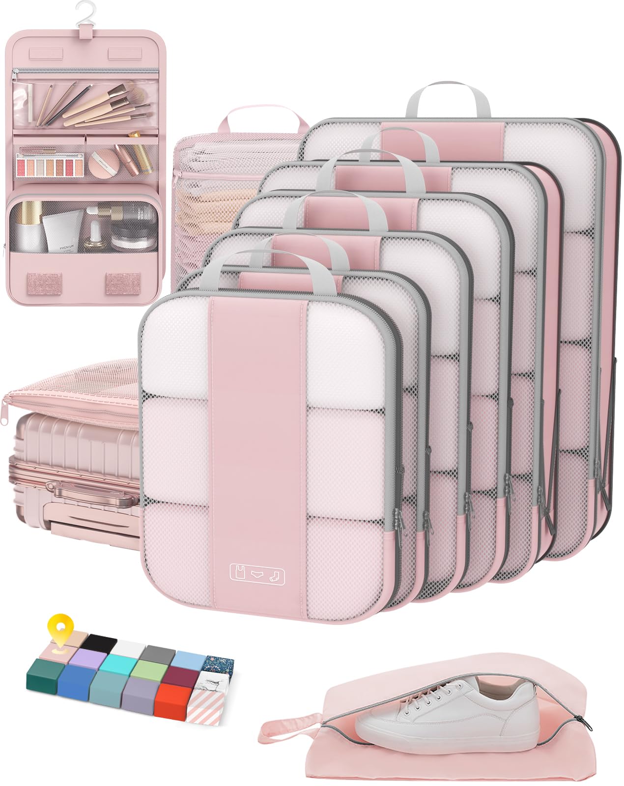 Photo 1 of 10 Set Compression Packing Cubes for Travel Essentials Women Mom,Compressible Expandable Packing Cubes for Suitcase,OlarHike Luggage Organizer Bags for Travel,Handy Helper for Organizing Clothes(Pink)