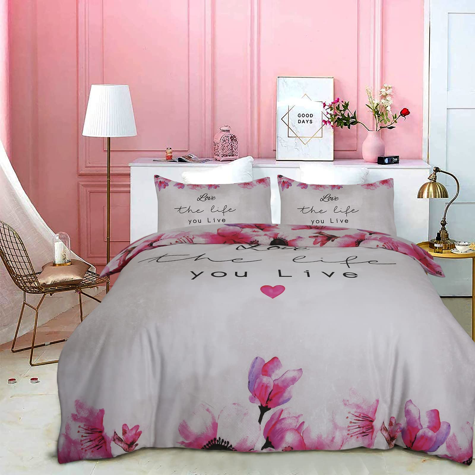 Nimsay Home Love The Life You Live White Fuchsia Soft Easy Care Duvet Cover Romance Floral Quilt Bedding Set with Pillowcases - Double (200cm x 200cm)