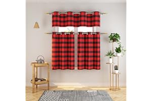 NATUS WEAVER 3 Pc Cotton Classic Country Farmhouse Kitchen Window Curtain Grommet Top -Red & Black Buffalo Check Tier & Valance Set, 54" x 18" / 32" x 36"