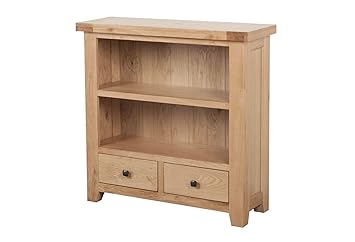 Devon Solid Oak Low Wide Bookcase With 2 Drawers Natural Oak