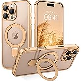 GUAGUA for iPhone 16 Pro Max Case with Stand, Magnetic Clear Cases Plating Edge Invisible Ring Holder Slim Shockproof Protective Kickstand Phone Case for iPhone 16 Pro Max 6.9'', Desert Titanium Gold