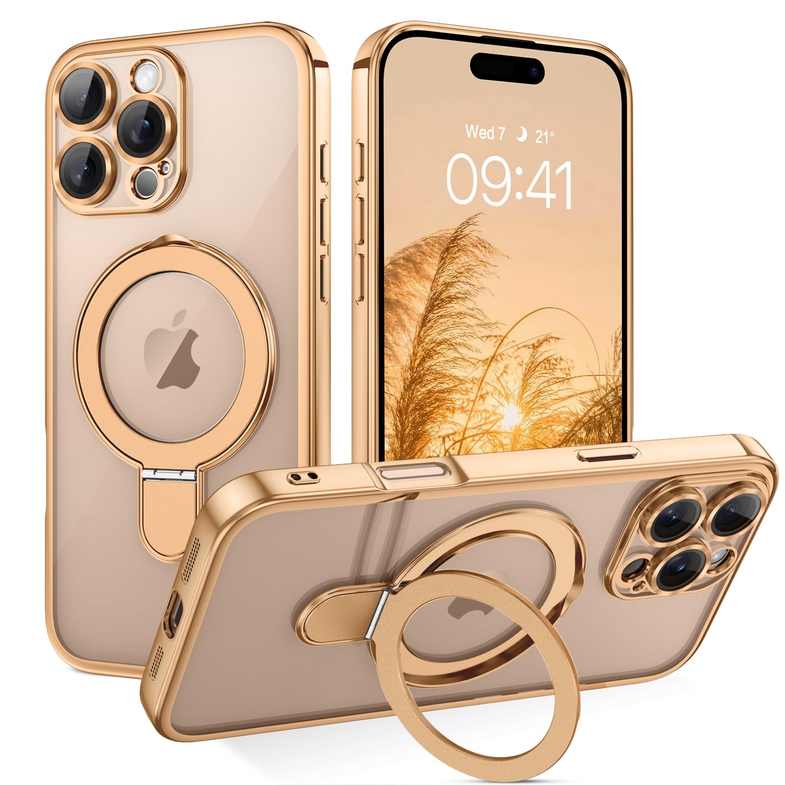 GUAGUA for iPhone 16 Pro Max Case with Stand, Magnetic Clear Cases Plating Edge Invisible Ring Holder Slim Shockproof Protective Kickstand Phone Case for iPhone 16 Pro Max 6.9'', Desert Titanium Gold