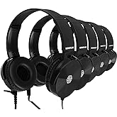 Classroom Headphones Bulk 5 Pack, Student On Ear Color Varieties, Comfy Swivel Earphones for Library, School, Airplane, Kids, for Online Learning and Travel, Noise Stereo Sound 3.5mm Jack (Black)