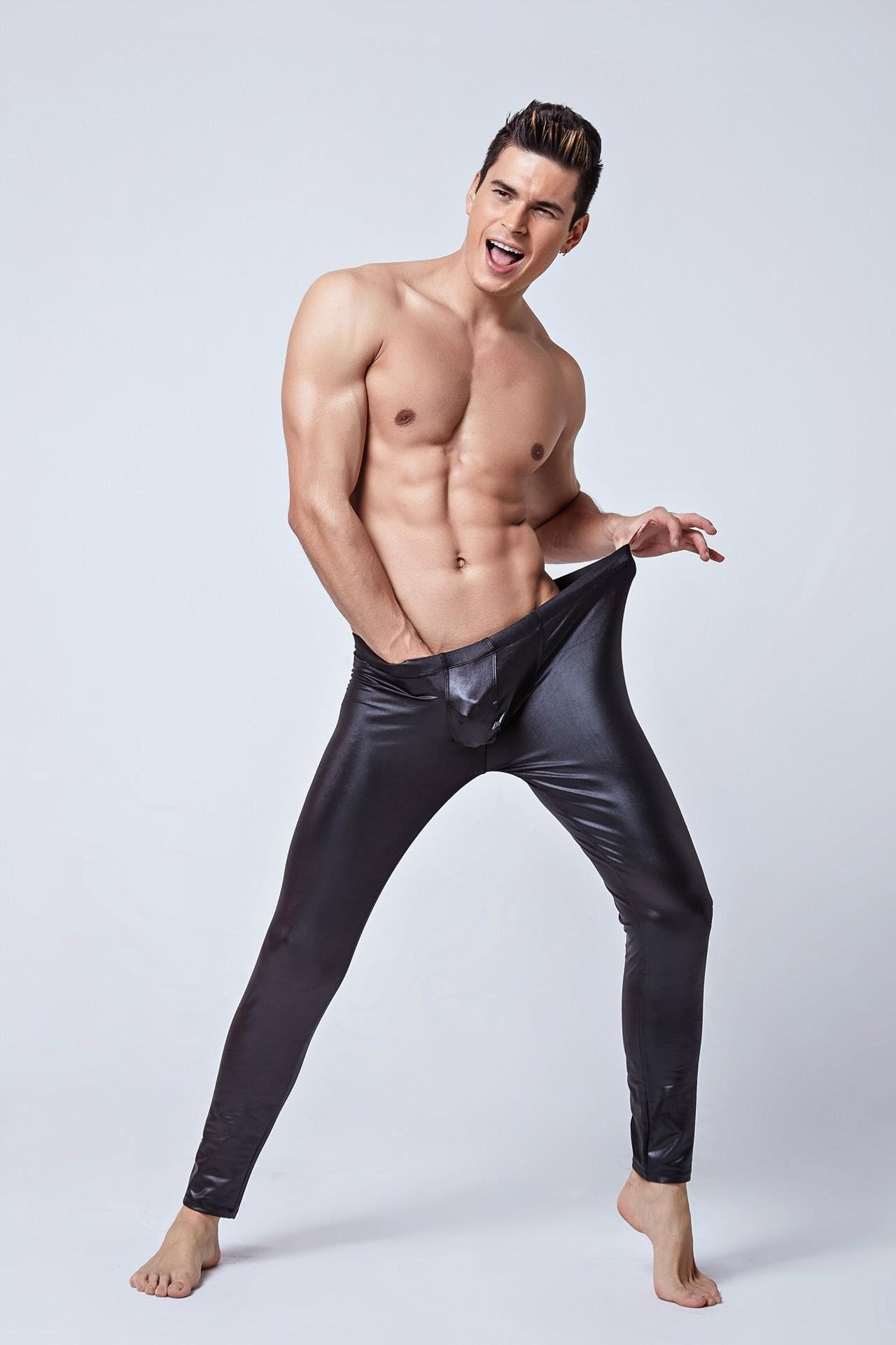 DuuoZy Men's Faux Leather Sexy Bulge Pouch Legging Tight Pants Stretch Skinny Wet Look Long Trousers