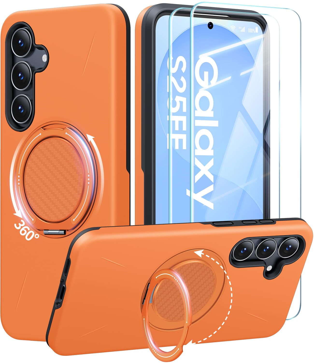 Photo 1 of JAME for Samsung Galaxy S25 FE Case, Ring Holder Stand Kickstand, 2 Packs Screen Protector, Dual Layer Shockproof Protective Cover, Magnetic Accessory Friendly Galaxy S25 FE Phone Case, Orange