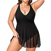 SOTHEA Women's Plus Size Bathing Suit One Piece Swim Dress Full Coverage Swimsuits V Neck Swimwear Mesh Dress Black 14Plus