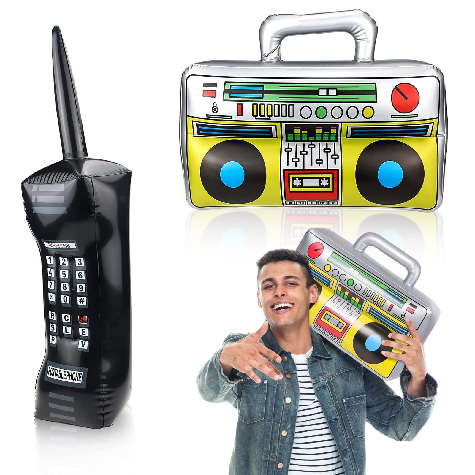 2pcs Inflatable Boom Box Stereo And Oversized 80s mobile phone, Brow up Retro Mobile Phone Props for 80s 90s Hip Hop Costume Kit, 80s Props, Rapper Costume Party Supplies for Men Halloween Party